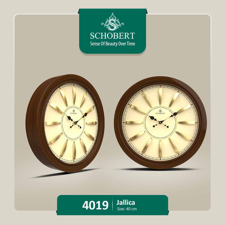ساعت دیواری شوبرت کد ۴۰۱۹ چوبی با اعداد یونانی برجسته طلایی
