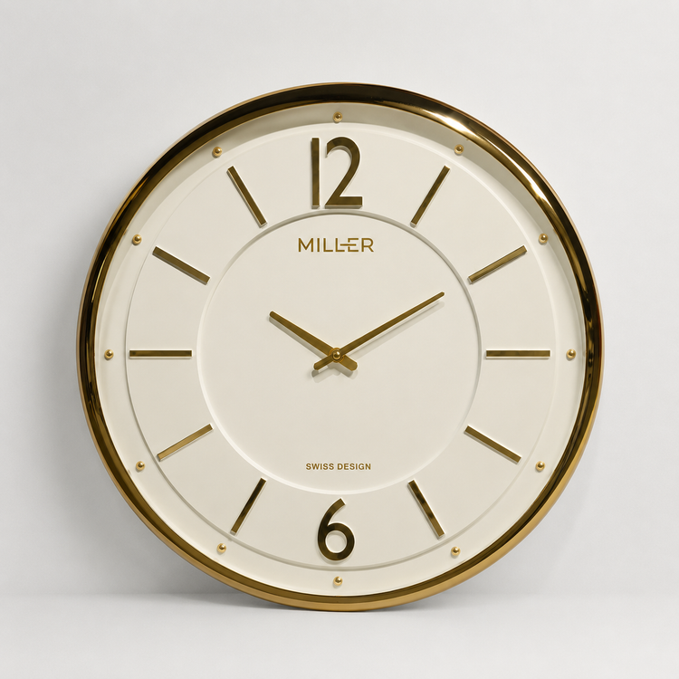 ساعت دیواری برند میلر Miller W 701-702-703 با قاب فلز ابکاری و صفحه وکیوم و پنج سال ضمانت شرکتی