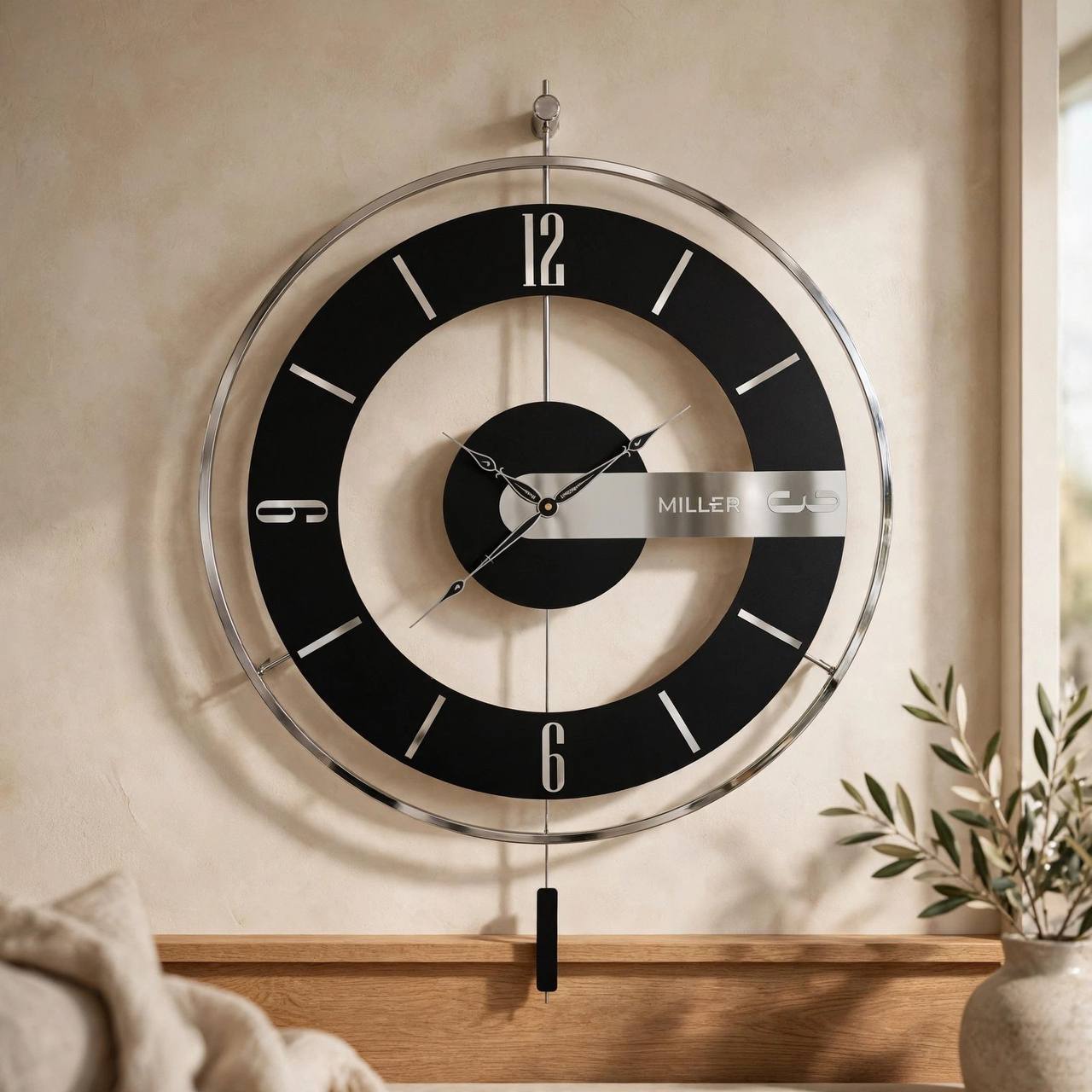 ساعت دیواری میلر مدرن مدل چوب و فلز با آبکاری سیلور کد 70111-80111